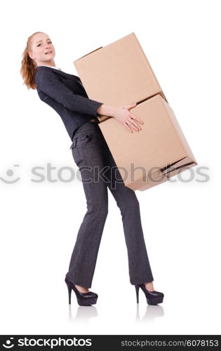 Woman businesswoman with boxes on white