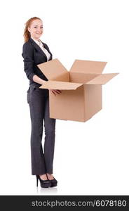 Woman businesswoman with boxes on white