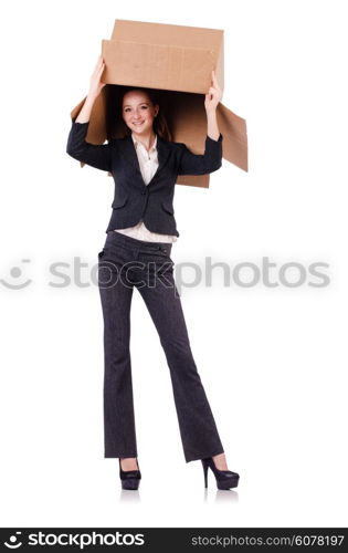 Woman businesswoman with boxes on white