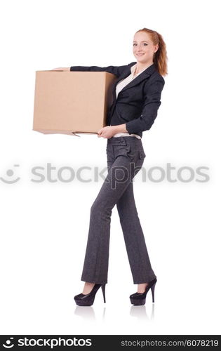 Woman businesswoman with boxes on white