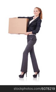 Woman businesswoman with boxes on white