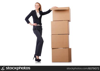 Woman businesswoman with boxes on white