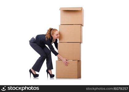 Woman businesswoman with boxes on white