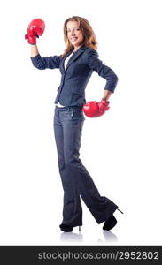 Woman businesswoman with boxing gloves on white