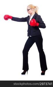 Woman businesswoman with boxing gloves on white