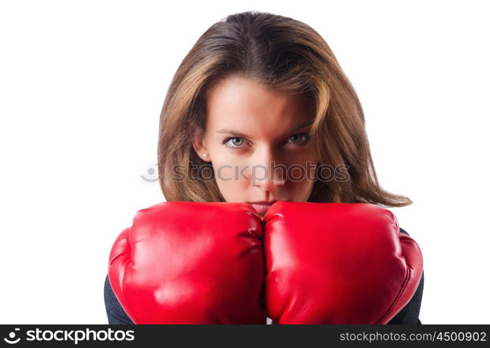 Woman businesswoman with boxing gloves on white