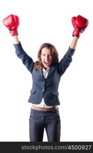 Woman businesswoman with boxing gloves on white