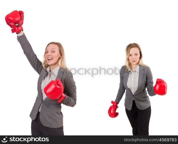 Woman businesswoman with boxing gloves on white