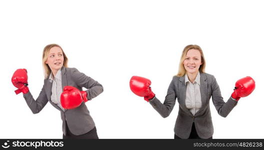 Woman businesswoman with boxing gloves on white