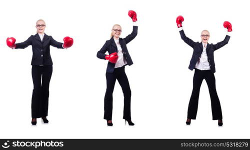 Woman businesswoman with boxing gloves on white