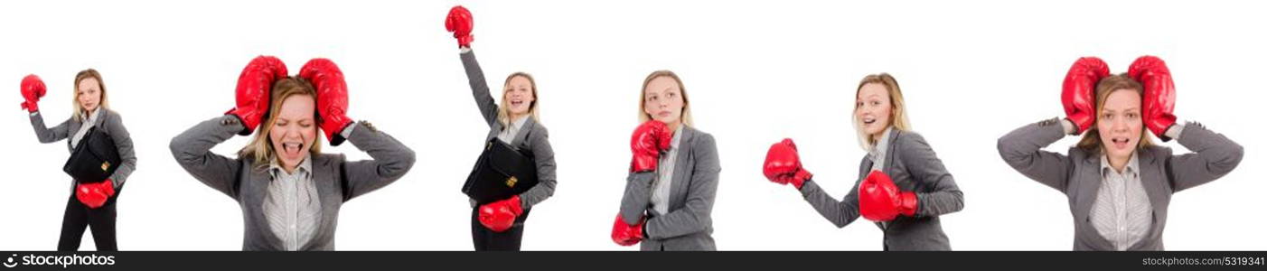 Woman businesswoman with boxing gloves on white