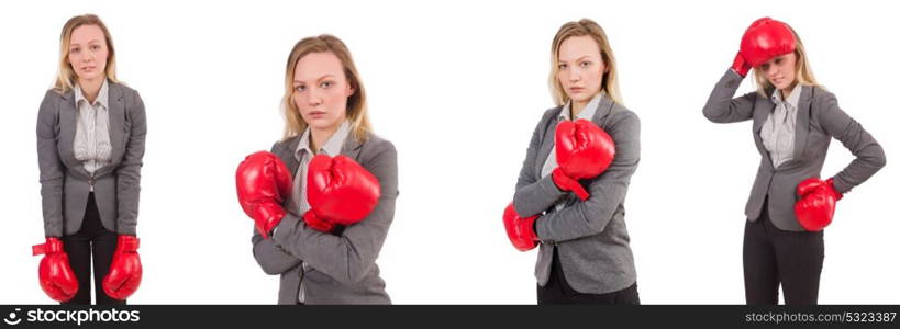 Woman businesswoman with boxing gloves on white