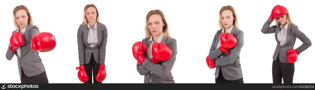 Woman businesswoman with boxing gloves on white