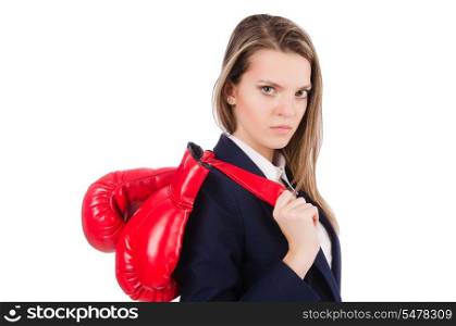 Woman businesswoman with boxing gloves on white