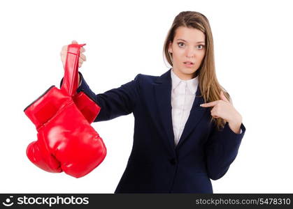 Woman businesswoman with boxing gloves on white