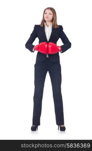 Woman businesswoman with boxing gloves on white