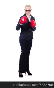 Woman businesswoman with boxing gloves on white