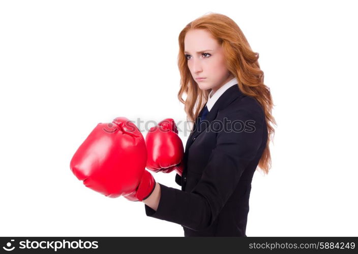 Woman businesswoman with boxing gloves on white