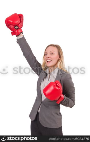 Woman businesswoman with boxing gloves on white