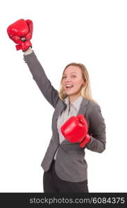 Woman businesswoman with boxing gloves on white