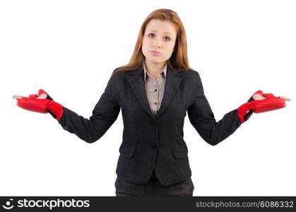 Woman businesswoman with boxing gloves on white