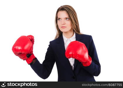 Woman businesswoman with boxing gloves on white