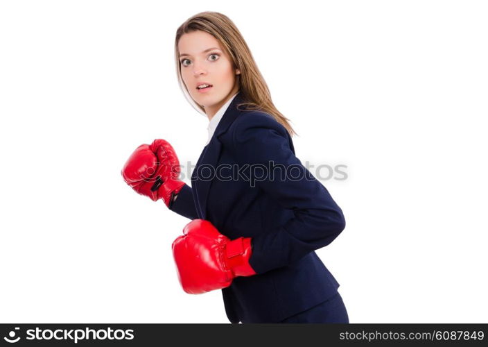 Woman businesswoman with boxing gloves on white