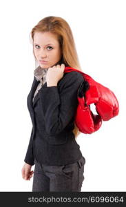 Woman businesswoman with boxing gloves on white