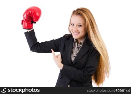 Woman businesswoman with boxing gloves on white