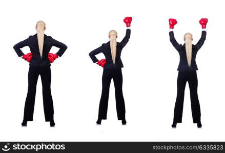 Woman businesswoman with boxing gloves on white