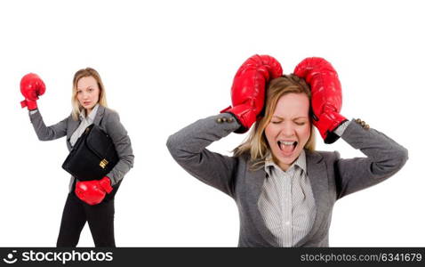 Woman businesswoman with boxing gloves on white