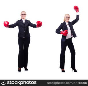 Woman businesswoman with boxing gloves on white