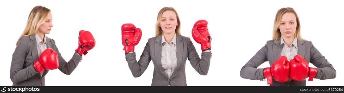 Woman businesswoman with boxing gloves on white