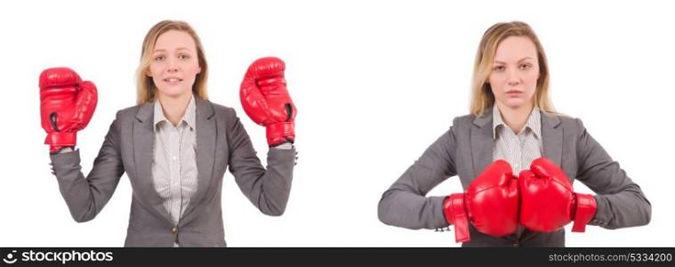 Woman businesswoman with boxing gloves on white. The woman businesswoman with boxing gloves on white