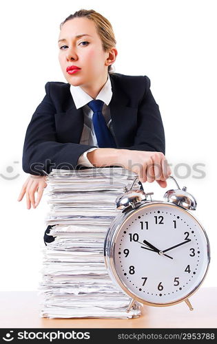 Woman businesswoman with giant alarm clock