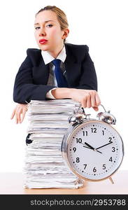 Woman businesswoman with giant alarm clock