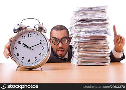 Woman businesswoman with giant alarm clock