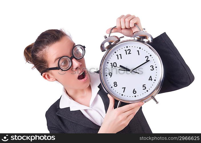 Woman businesswoman with giant alarm clock