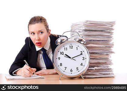 Woman businesswoman with giant alarm clock