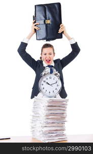 Woman businesswoman with giant alarm clock