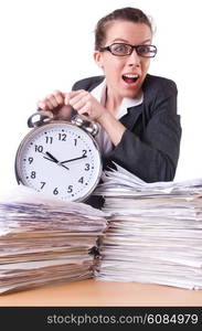 Woman businesswoman with giant alarm clock