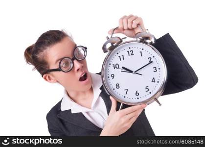 Woman businesswoman with giant alarm clock