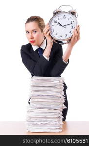 Woman businesswoman with giant alarm clock