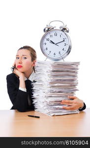 Woman businesswoman with giant alarm clock