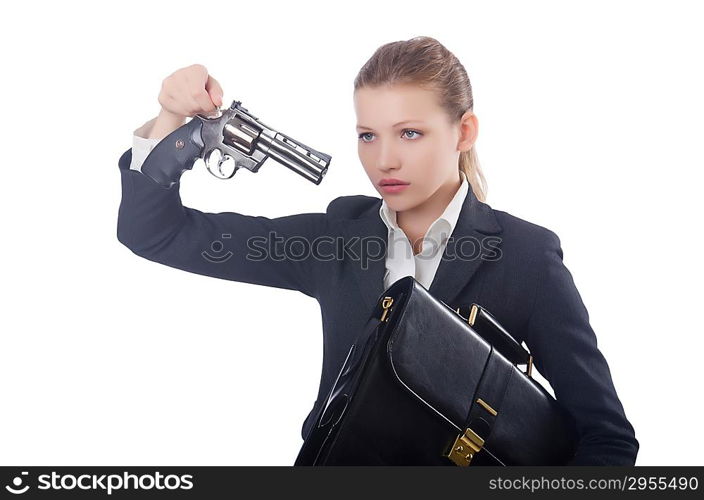 Woman businesswoman with gun on white