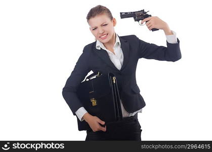 Woman businesswoman with gun on white