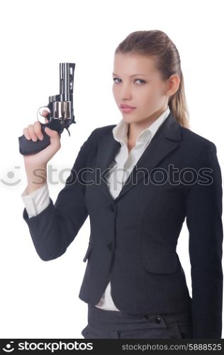 Woman businesswoman with gun on white
