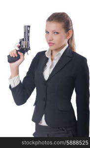 Woman businesswoman with gun on white