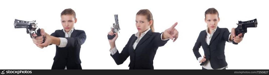Woman businesswoman with gun on white