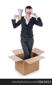 Woman businesswoman with loudspeaker inthe box